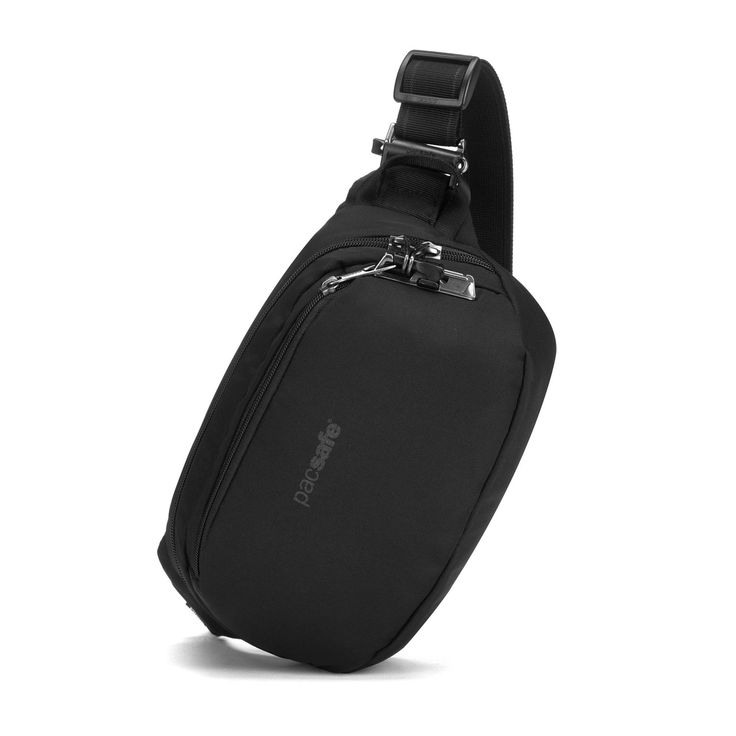 Pacsafe® V Anti-theft Hip Pack: Black recycled polyester, adjustable strap, lockable zips, front brand logo.