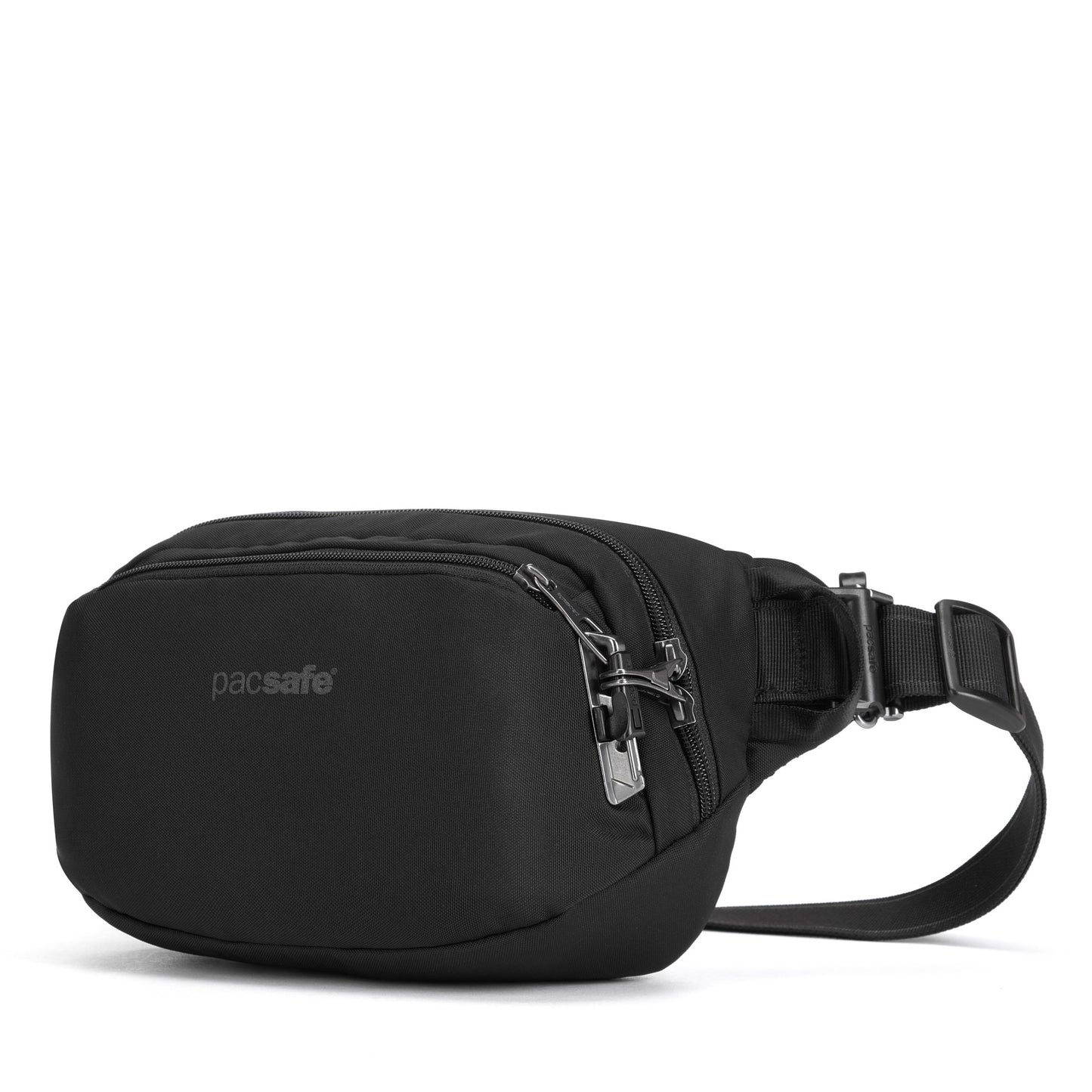 Pacsafe® V Anti-theft Hip Pack with lockable zips and adjustable strap in sleek black.