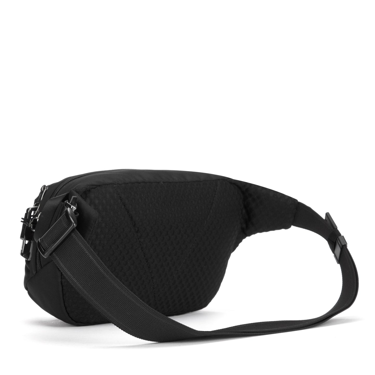 Pacsafe® V Anti-theft Hip Pack by Pacsafe: Black quilted, adjustable strap, multiple compartments & lockable zips.