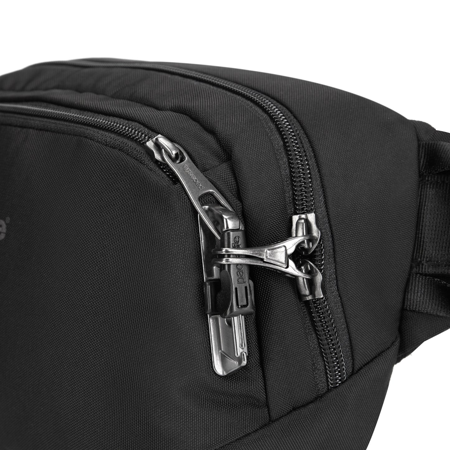 Close-up of the Pacsafe® V Anti-theft Hip Pack in black, featuring silver double zipper, adjustable strap, and lockable zips.