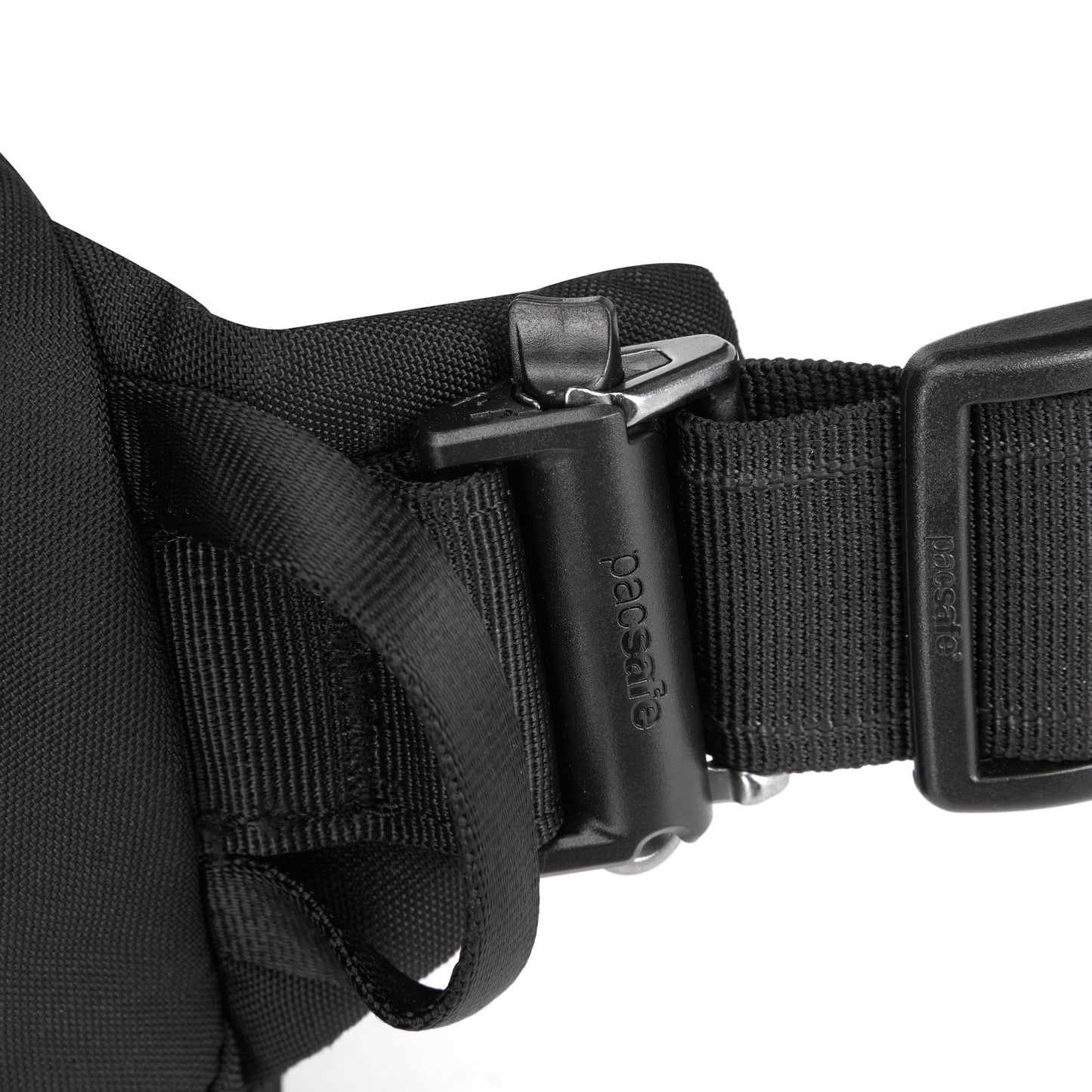 Close-up of a black buckle on the Pacsafe® V Anti-theft Hip Pack strap, brand name on the plastic clip's side.