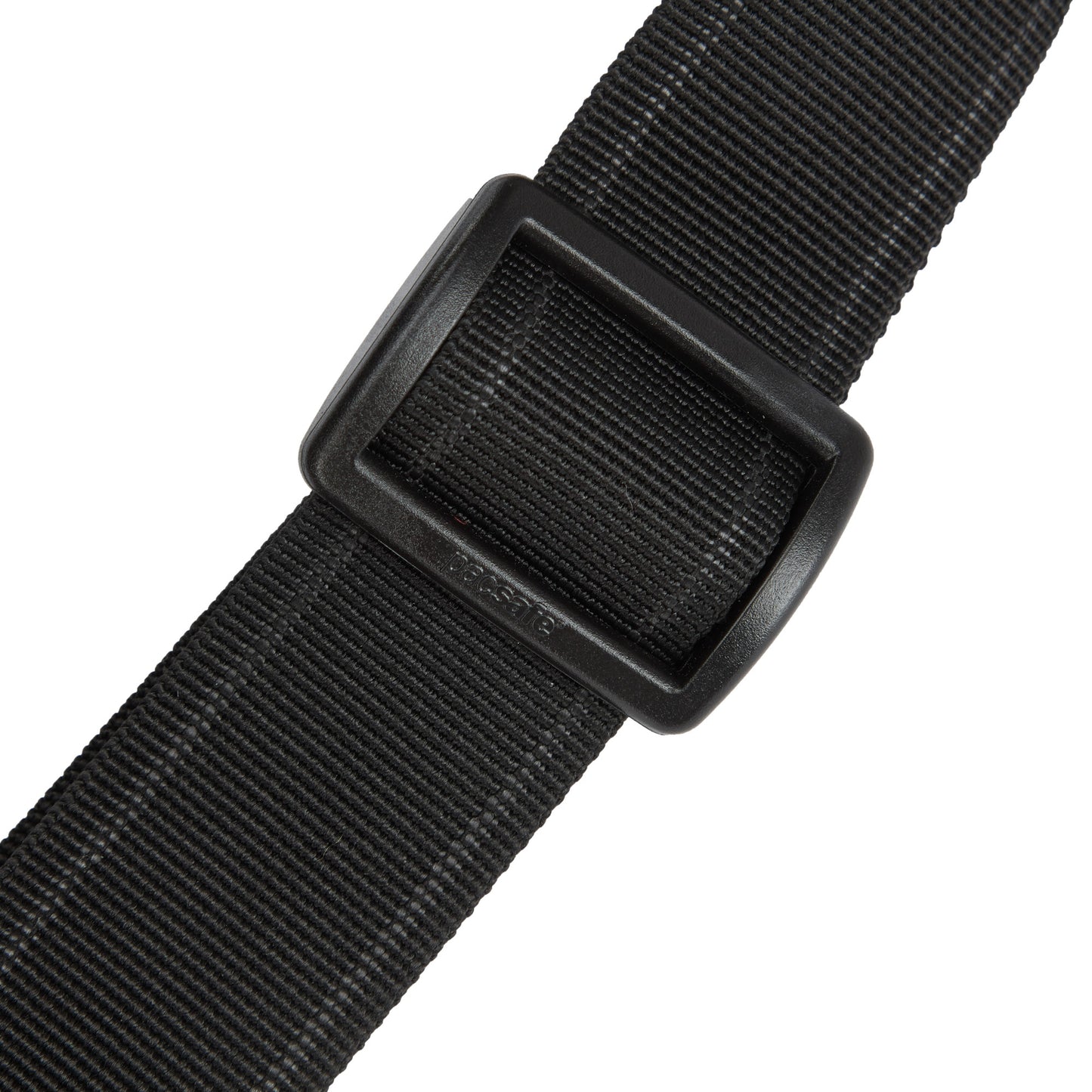 Close-up of the black nylon strap with plastic buckle on the Pacsafe® V Anti-theft Hip Pack by Pacsafe.