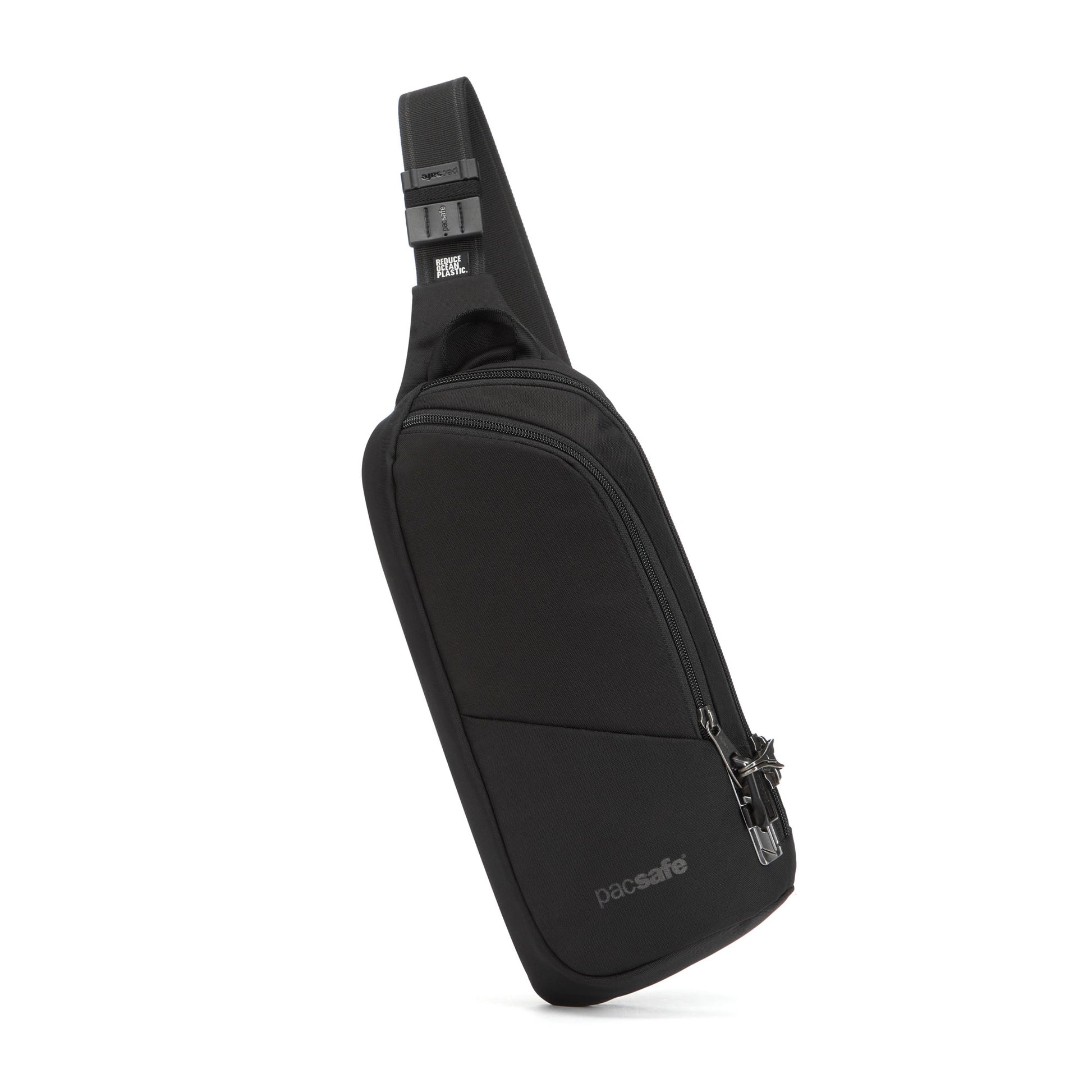 Pacsafe® V Anti-theft Sling Pack: Black, single strap, 2 zippered compartments, water repellent.
