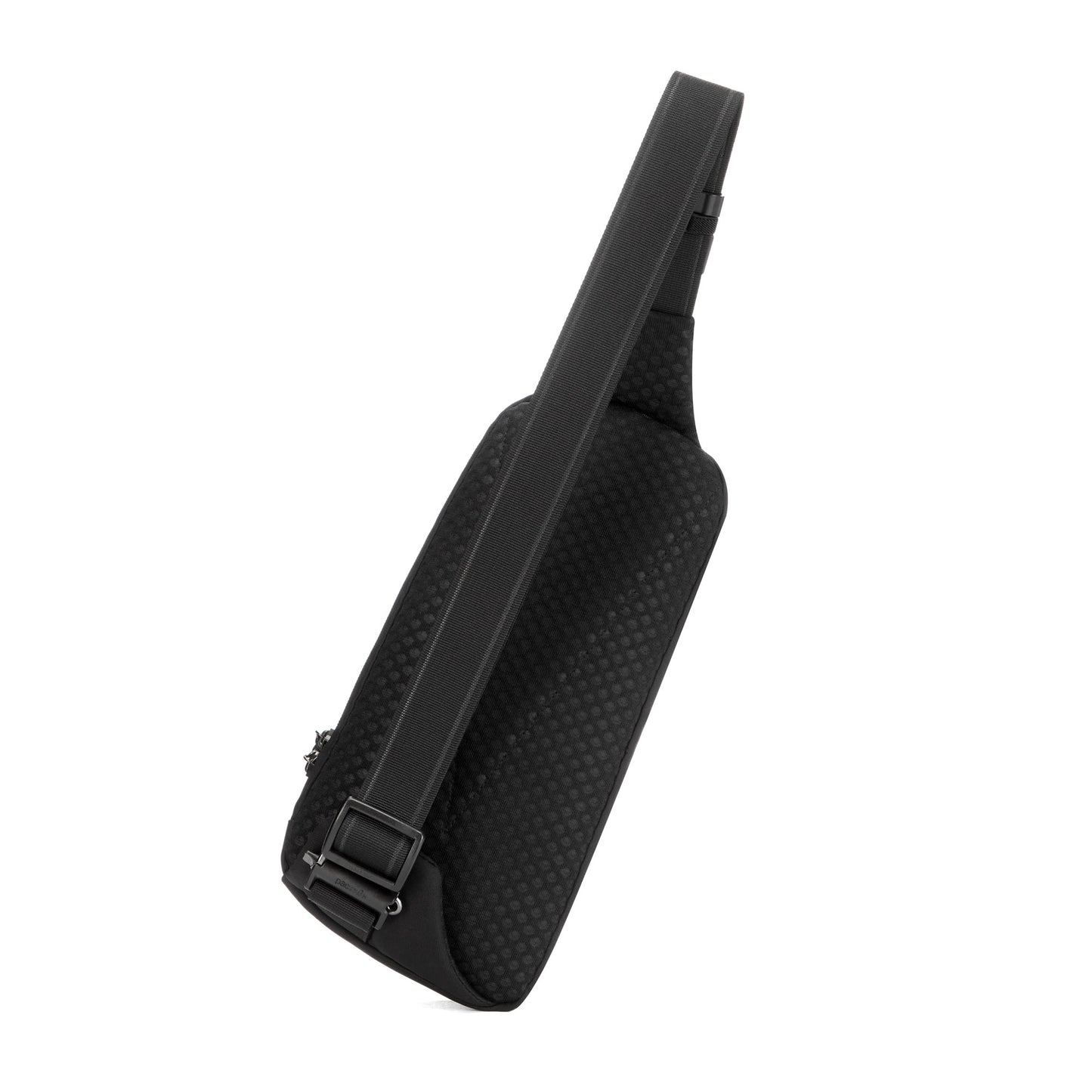 The Pacsafe® V sling pack, in black texture, features an adjustable strap, zipper closure, and water repellency.