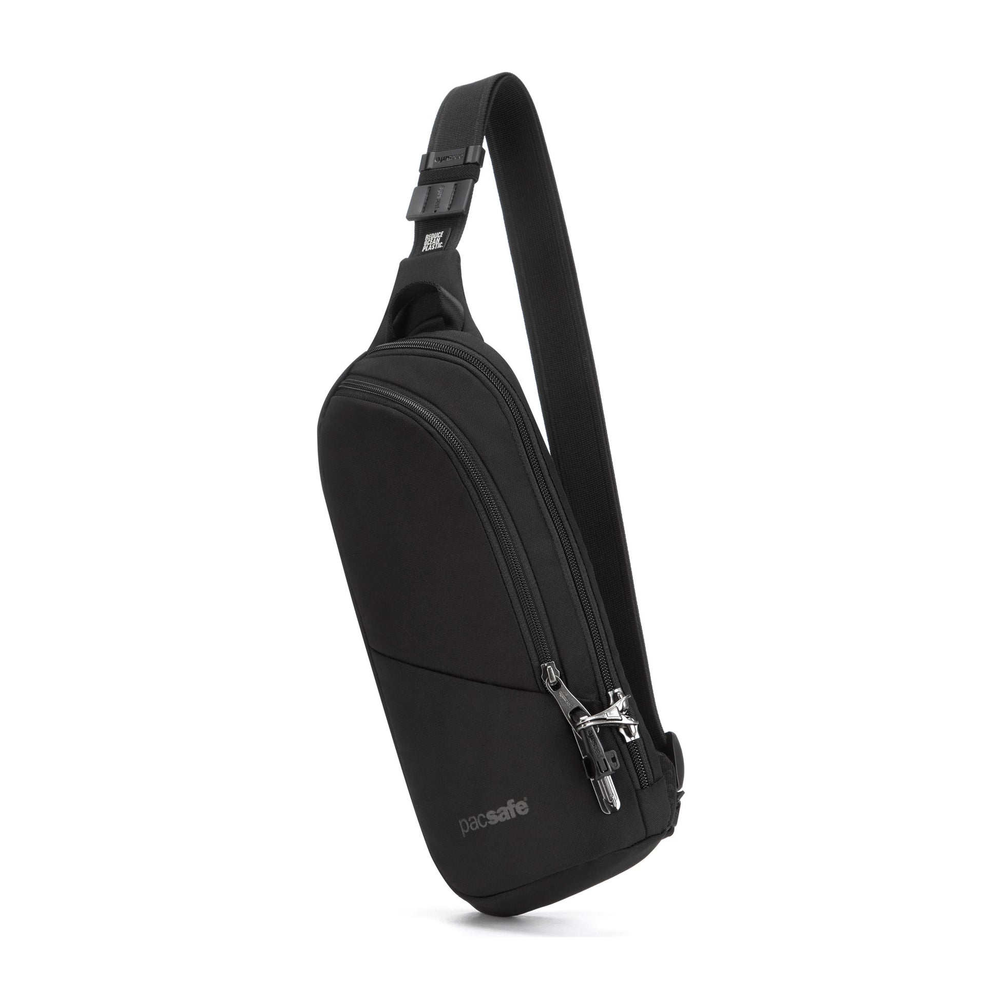 Pacsafe® V Anti-theft Action Sling Pack: black, water repellent, zippered main compartment, adjustable strap.