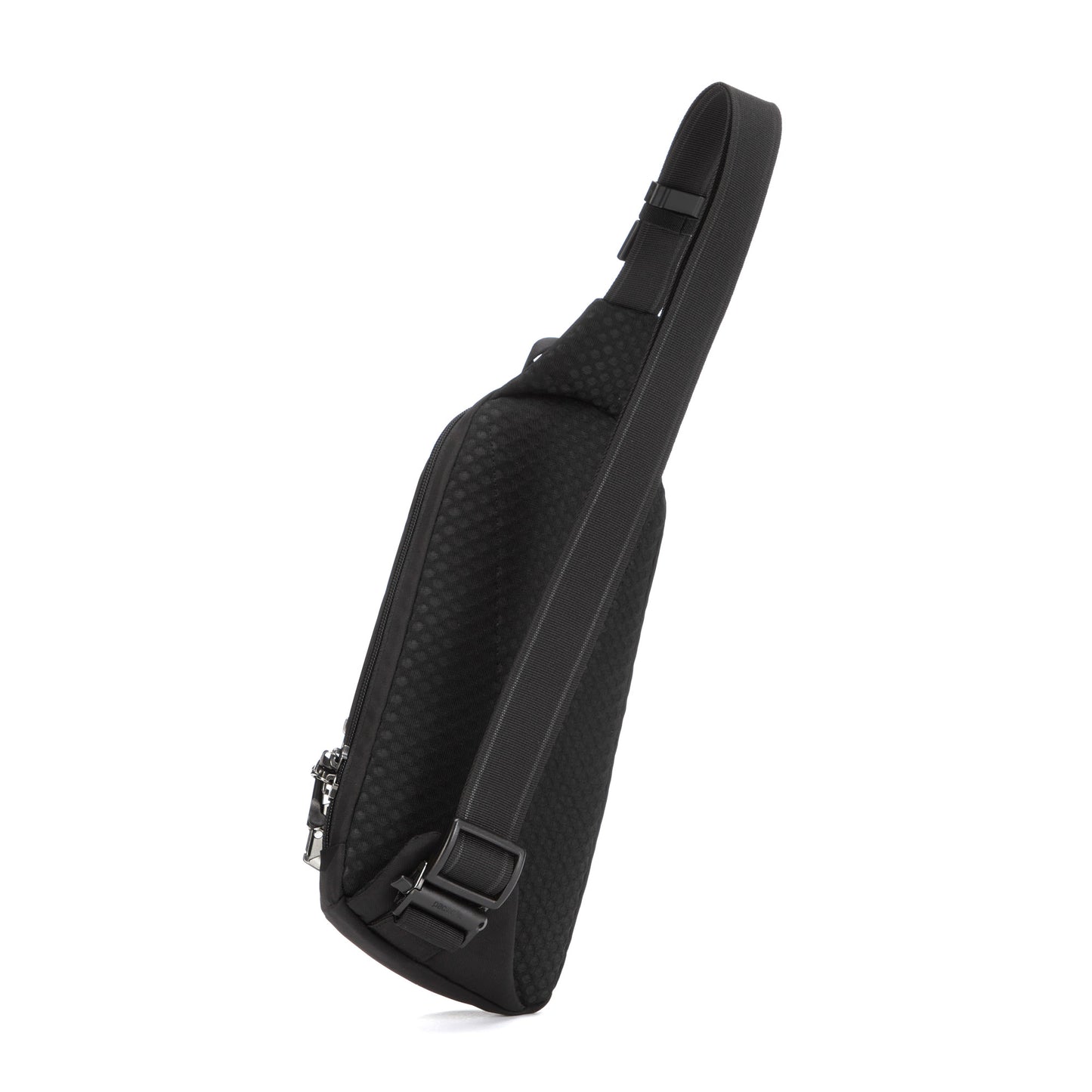 Pacsafe® V Anti-theft Action Sling Pack is a black crossbody with textured surface and adjustable recycled polyester strap.