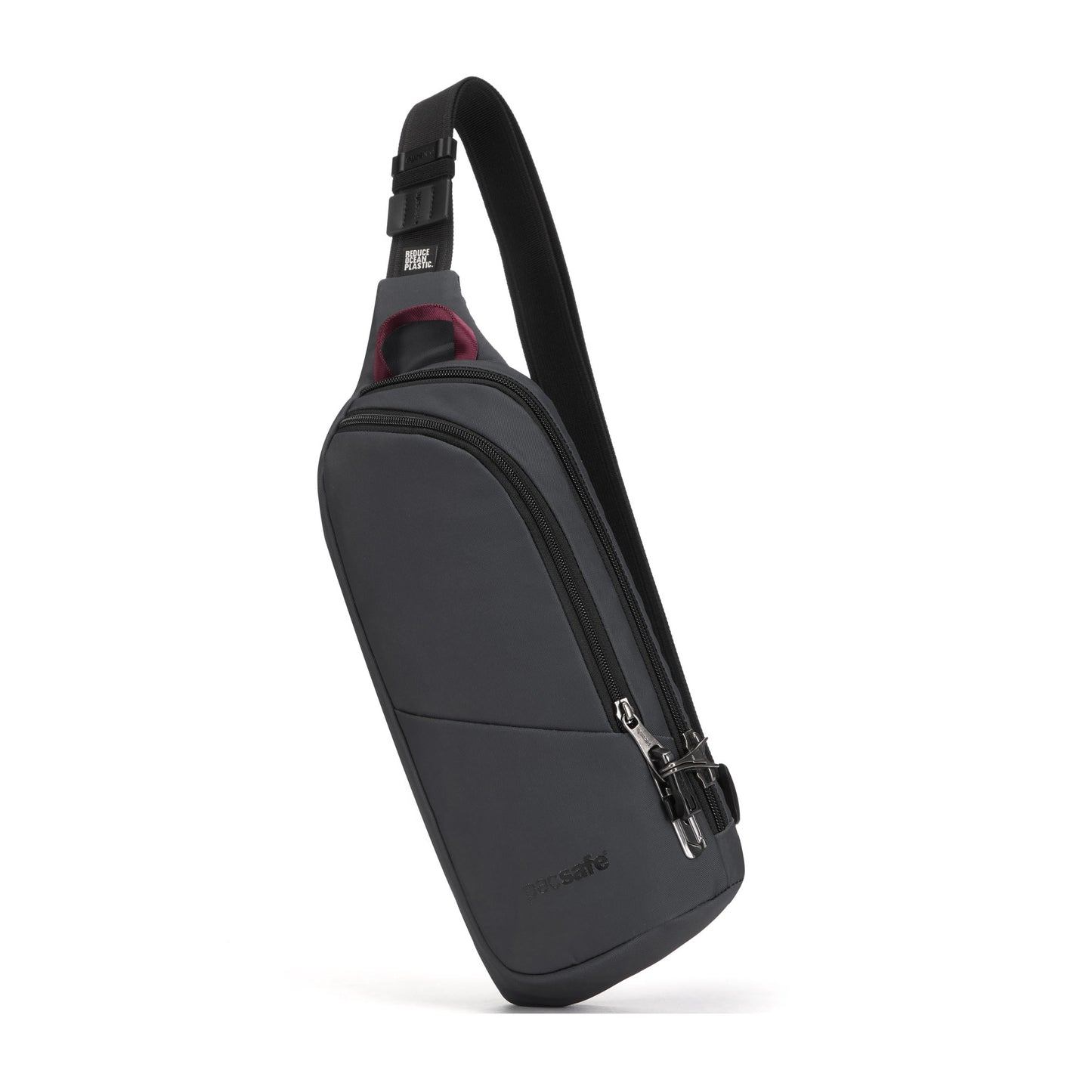 The Pacsafe® V Anti-theft Action Sling Pack in slate, made from recycled polyester, with a lock and adjustable strap.