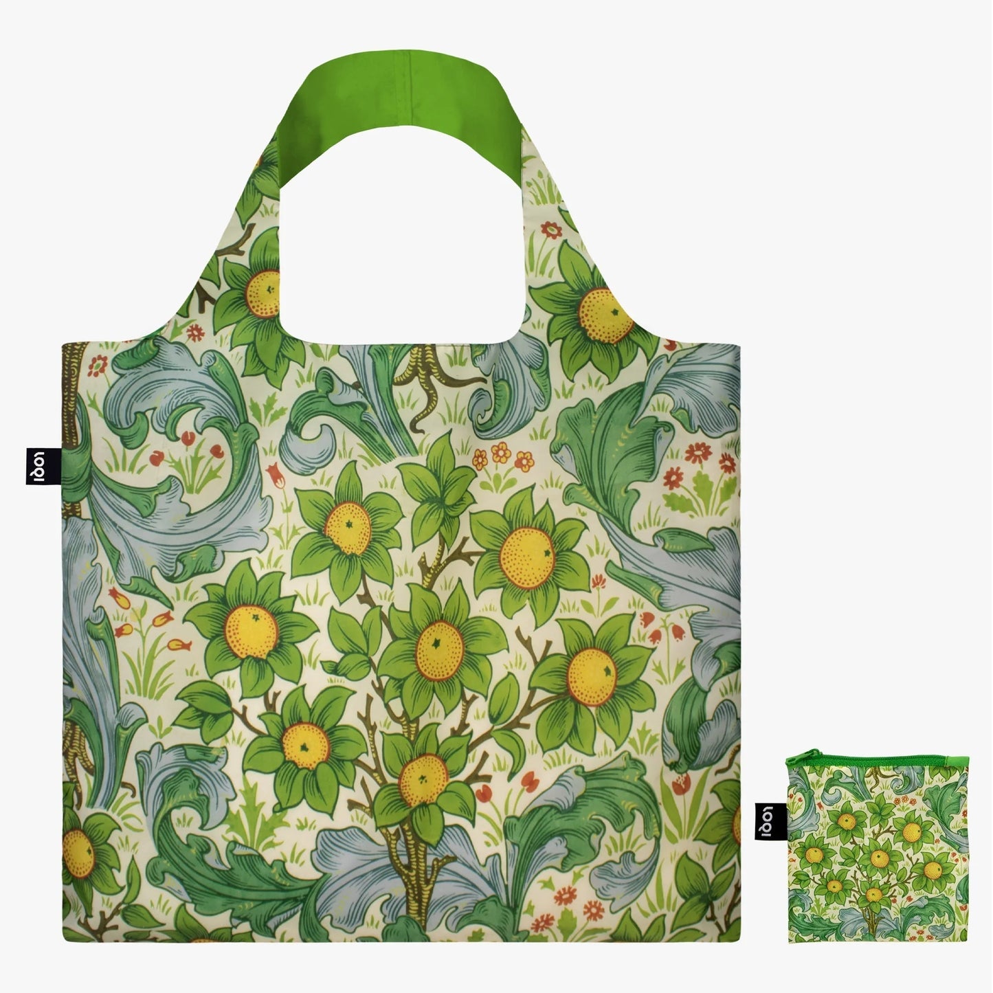 The LOQI Reusable Tote by Loqi features a green floral print and folds into a compact pouch for easy storage.