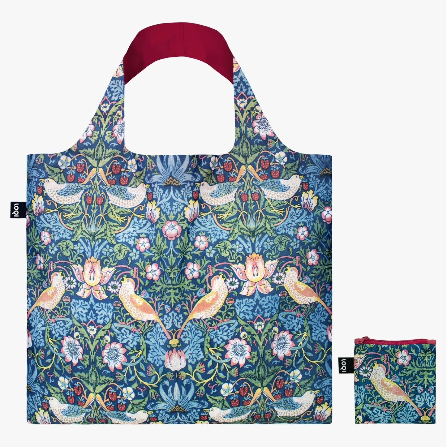 The LOQI Reusable Tote by Loqi features a colorful floral and bird design and comes with a matching pouch.