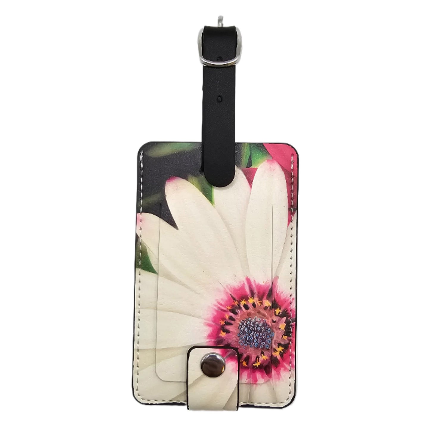 Forget Me Not Luggage Tag by Ron Risley Art: floral design with pink & white flower, black strap.