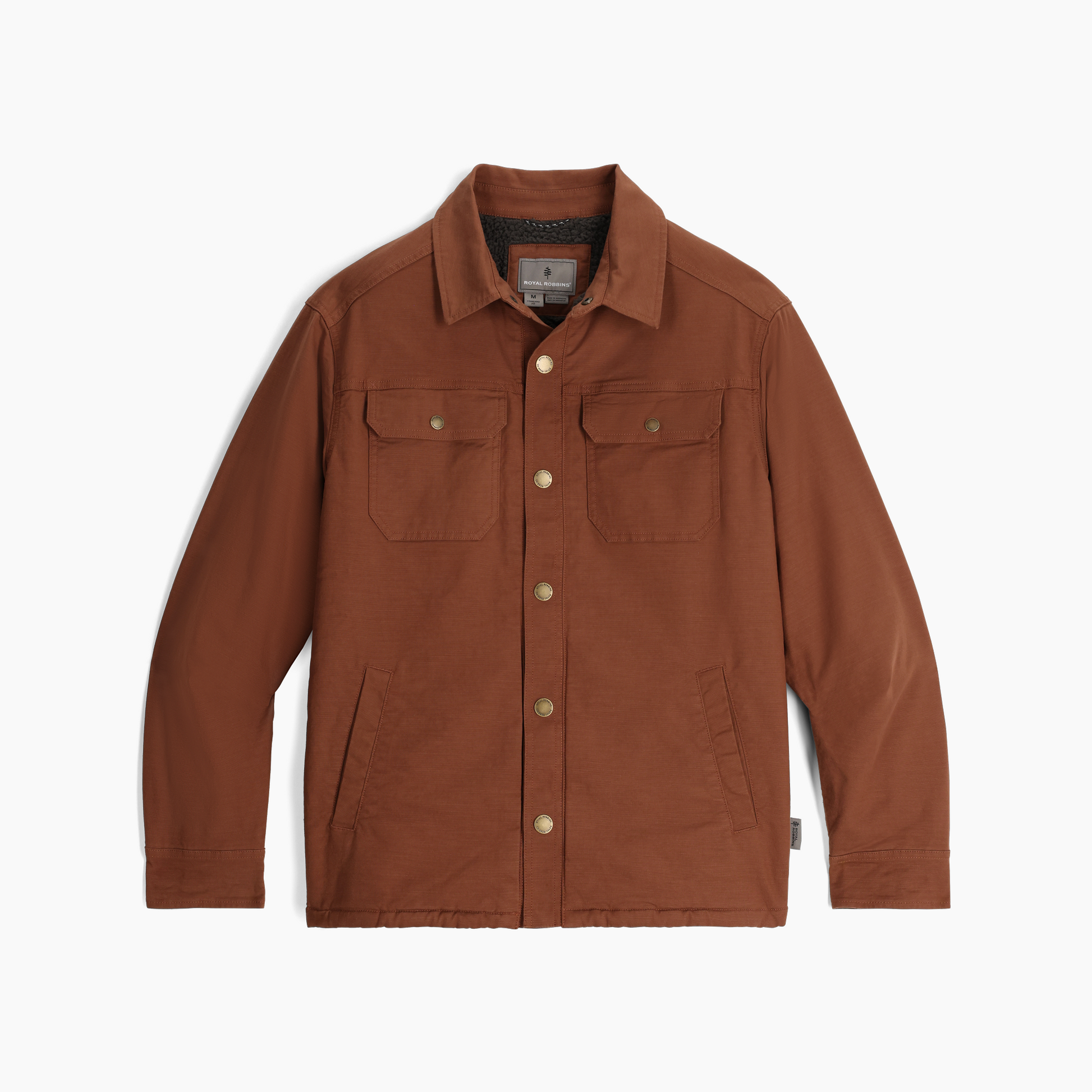 Royal Robbins Men's El Cap Canvas Shacket in rust, with chest & side pockets, shown flat on white.