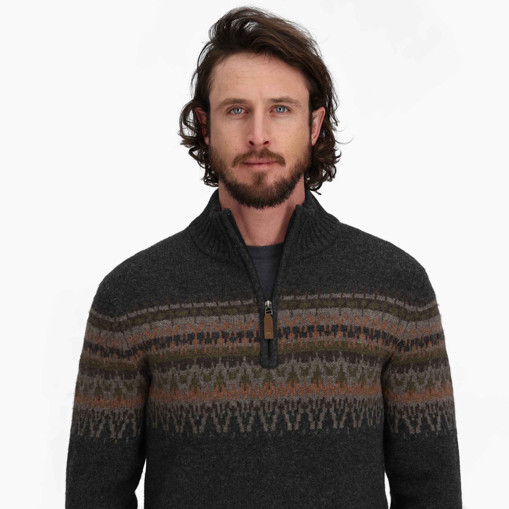 Man with medium-length brown hair wears Royal Robbins Men's Arch Rock 1/4 Zip, facing forward on white background.