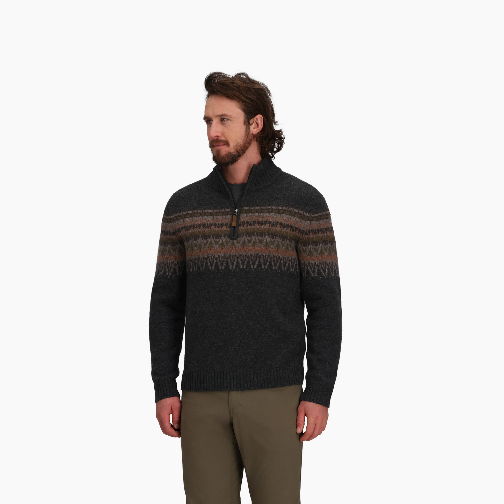 Man wears Royal Robbins Men's Arch Rock 1/4 Zip sweater with khaki pants against a plain white background.
