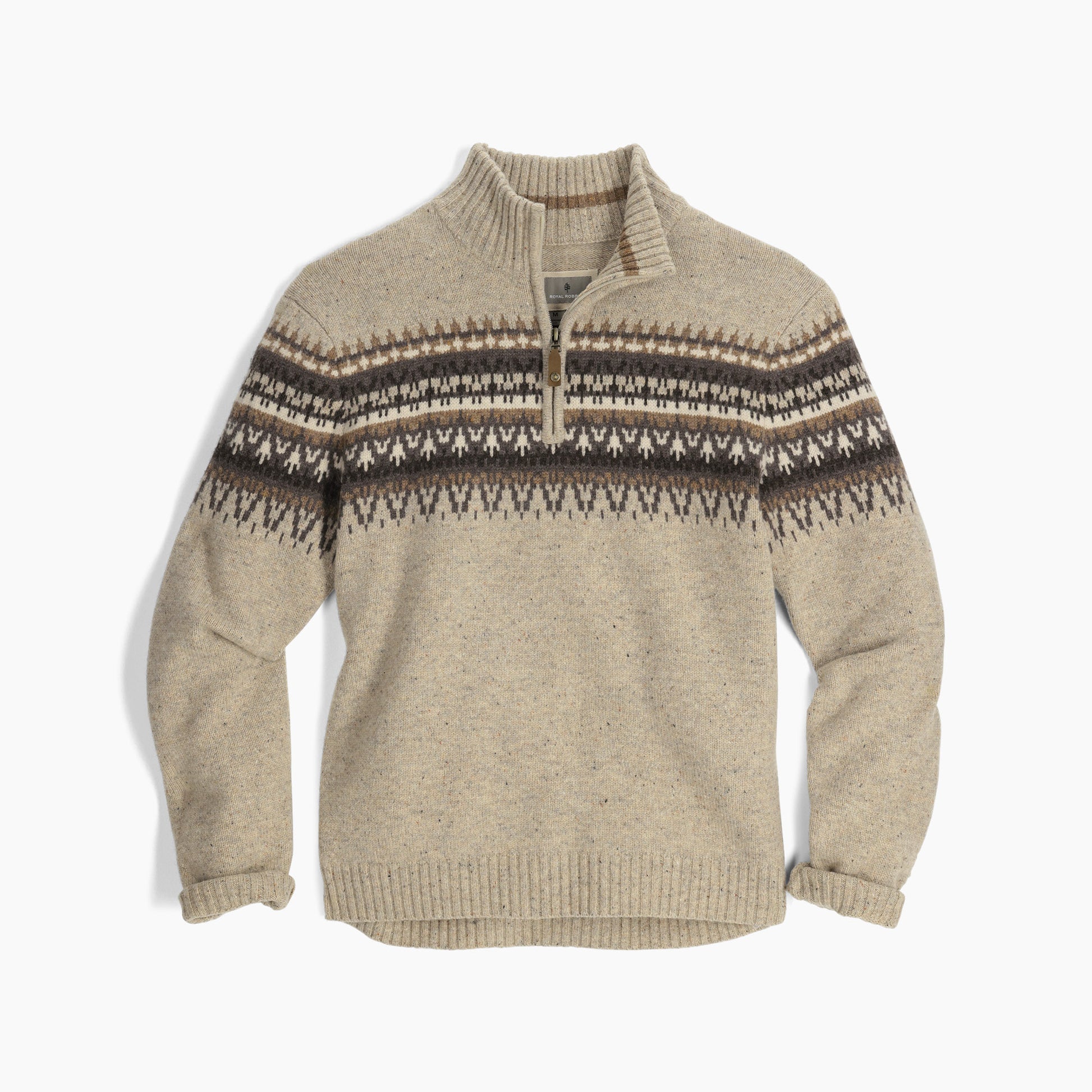 Royal Robbins Men's Arch Rock 1/4 Zip offers natural temperature regulation with a brown geometric pattern.
