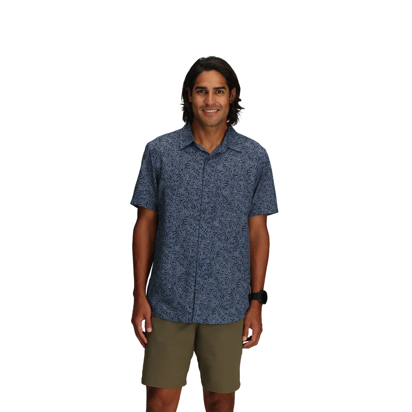 Man wearing Royal Robbins Men's Amp Lite II Short Sleeve shirt in blue, standing against a plain white background.