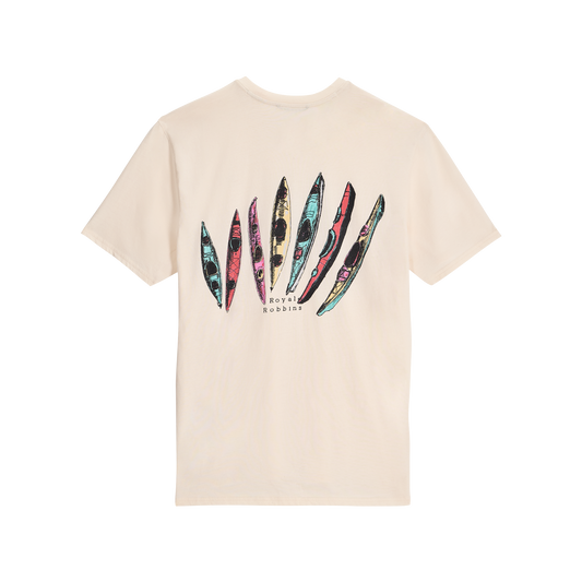 Product Image – Royal Robbins Men's RR Graphic Tee in beige with surfboard graphics, made from soft organic cotton.