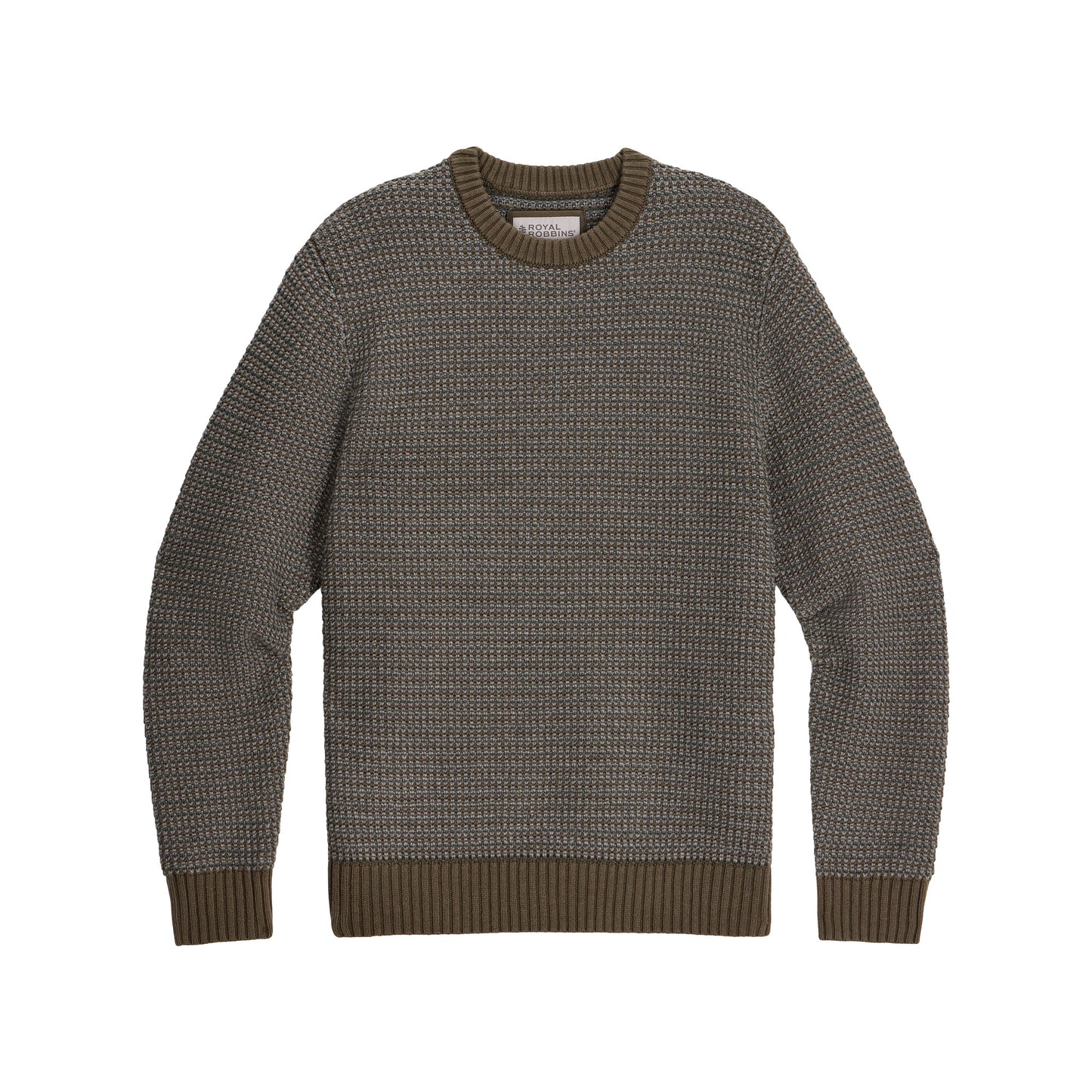 Royal Robbins Men’s Moro Rock Crew sweater in gray Merino wool, ribbed details, shown flat on white background.