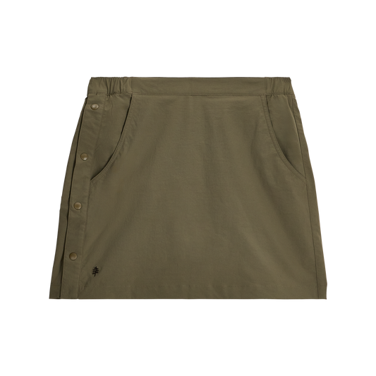 Product Image – Royal Robbins Women's Wilder Skort in olive with built-in shorts, side buttons, and front pockets.