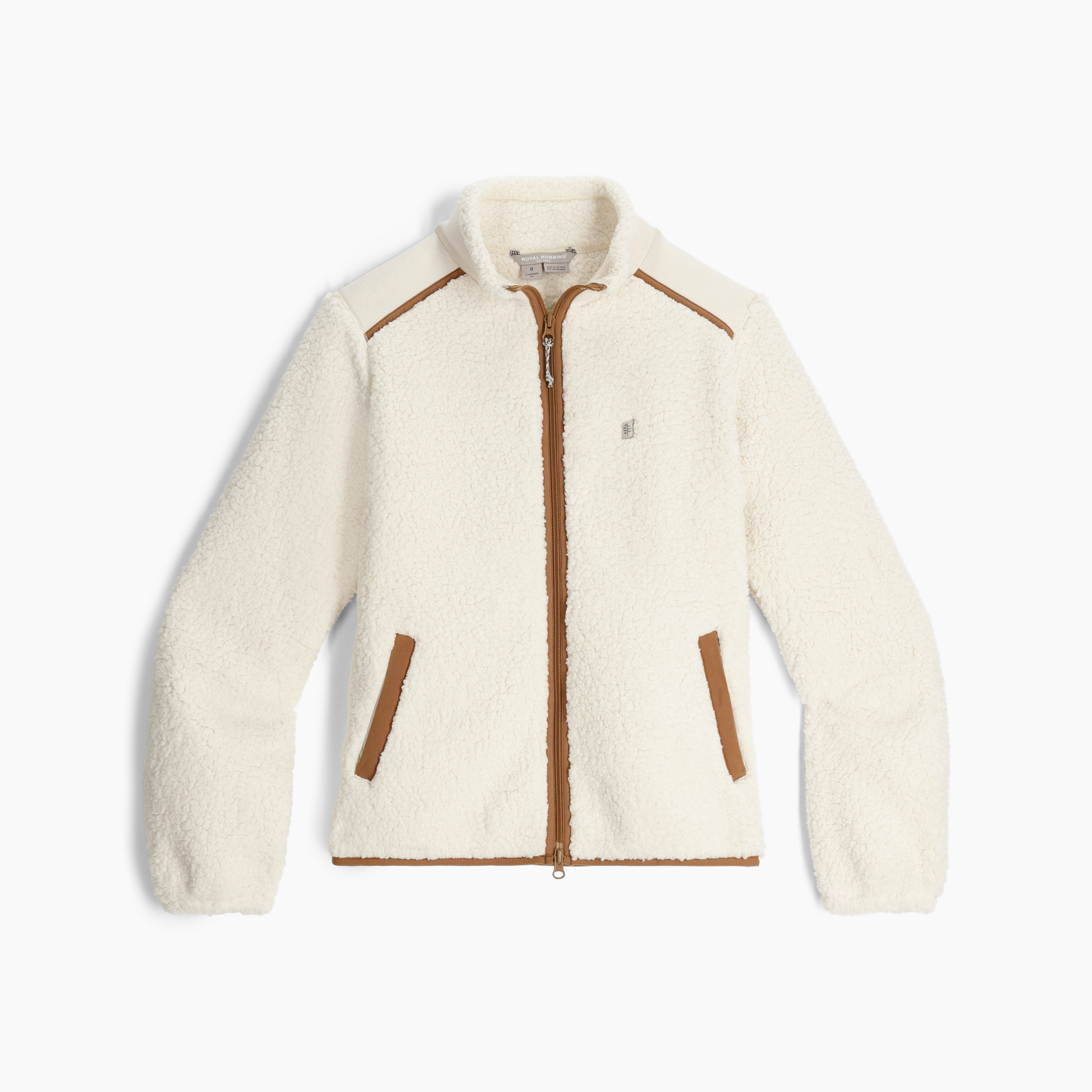 Royal Robbins Women's Palisades Jacket in white sherpa fleece with brown trim and two pockets, laid flat.
