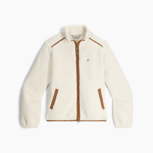 Product Image – Royal Robbins Women's Palisades Jacket in white sherpa fleece with brown trim and two pockets, laid flat.