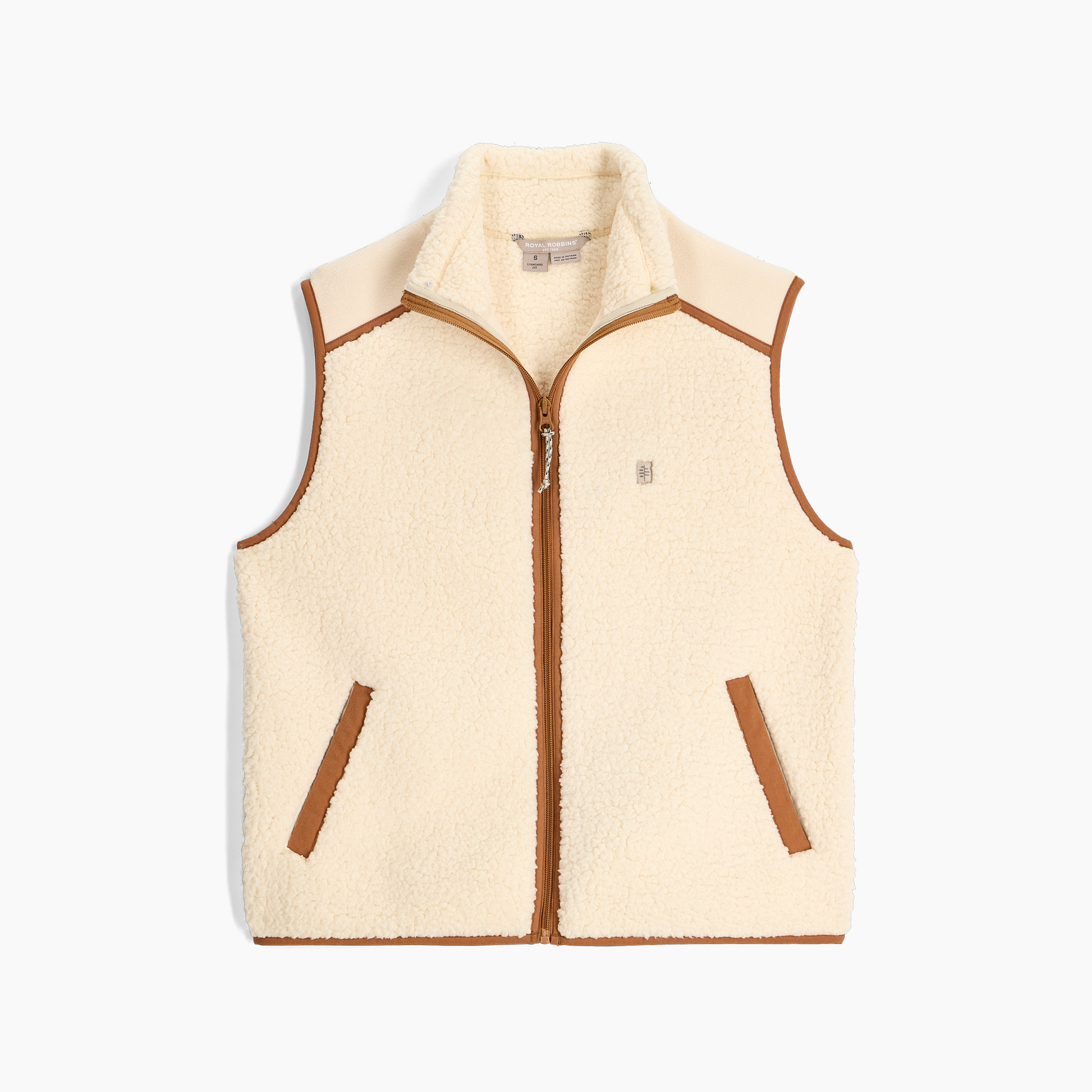 Royal Robbins Women's Palisades Vest: cream sherpa with brown trim, full zip, and pockets, displayed flat.