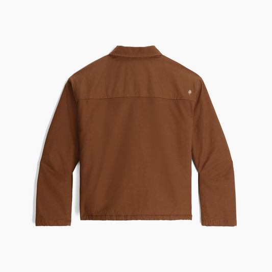 Product Image – Royal Robbins Women's El Cap Canvas Shacket in brown organic cotton, back view on white background.