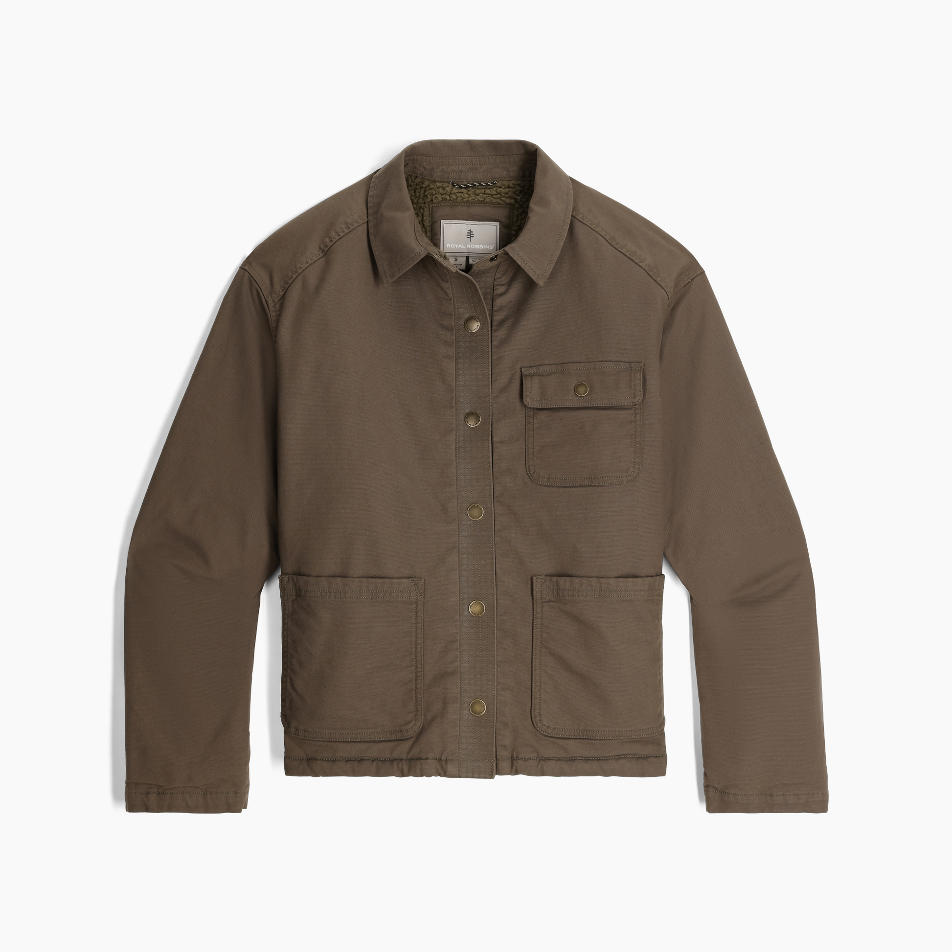 Royal Robbins Women's El Cap Canvas Shacket in brown, features collar and 3 pockets, shown on white background.