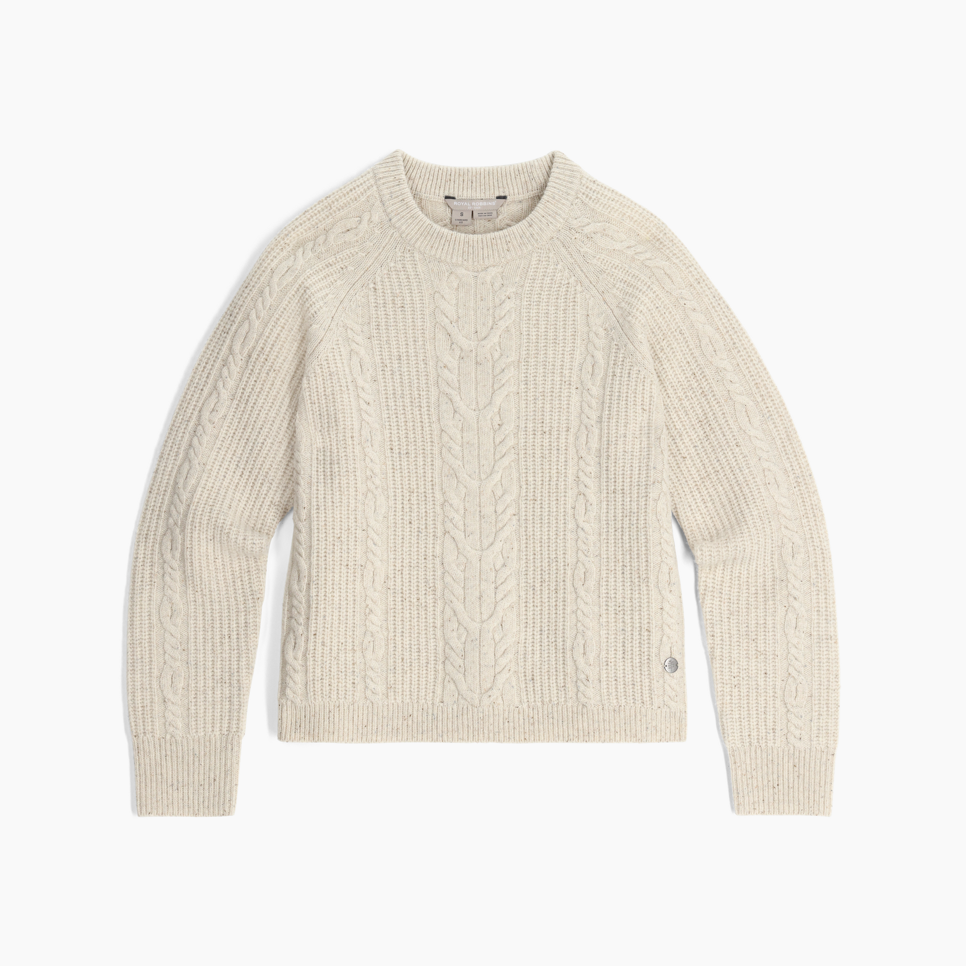 Royal Robbins Women's Rockcraft Cable Crew sweater in ivory, shown laid flat on a white background.