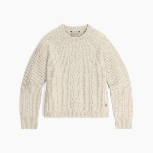 Product Image – Royal Robbins Women's Rockcraft Cable Crew sweater in ivory, shown laid flat on a white background.