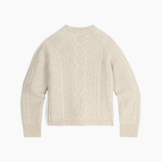 Product Image – Back view of the Royal Robbins Women's Rockcraft Cable Crew sweater in cream, featuring ribbed cuffs.