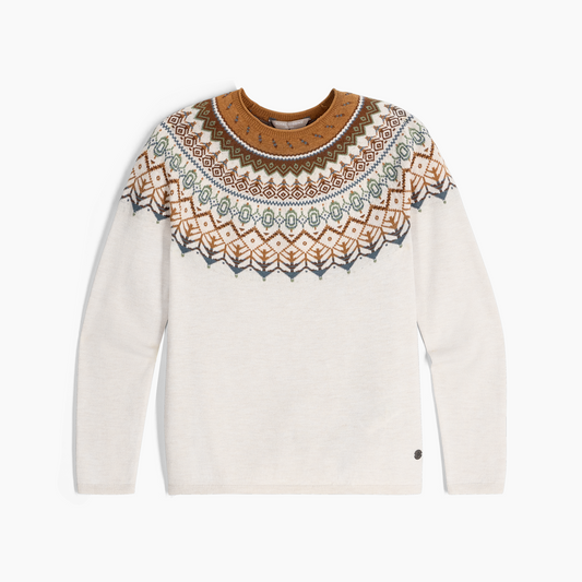 Product Image – Royal Robbins Women's Westlands Fairisle Crew: cozy cream sweater with brown, orange & blue geometric knit.