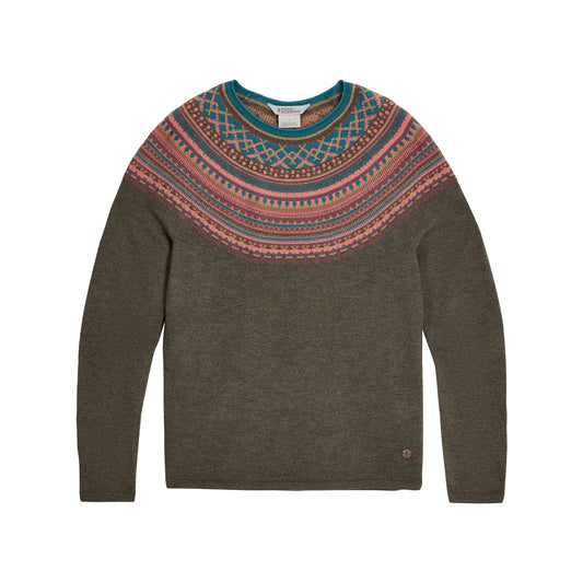 Product Image – Royal Robbins Women’s Westlands Fairisle Crew in olive green, with multicolored patterns on collar and shoulders.