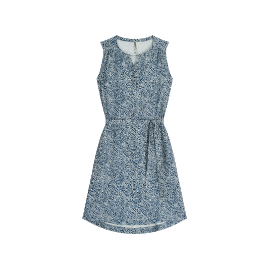 Product Image – Royal Robbins Women's Spotless Traveller Tank Dress in blue with white floral print and waist tie, shown on white.