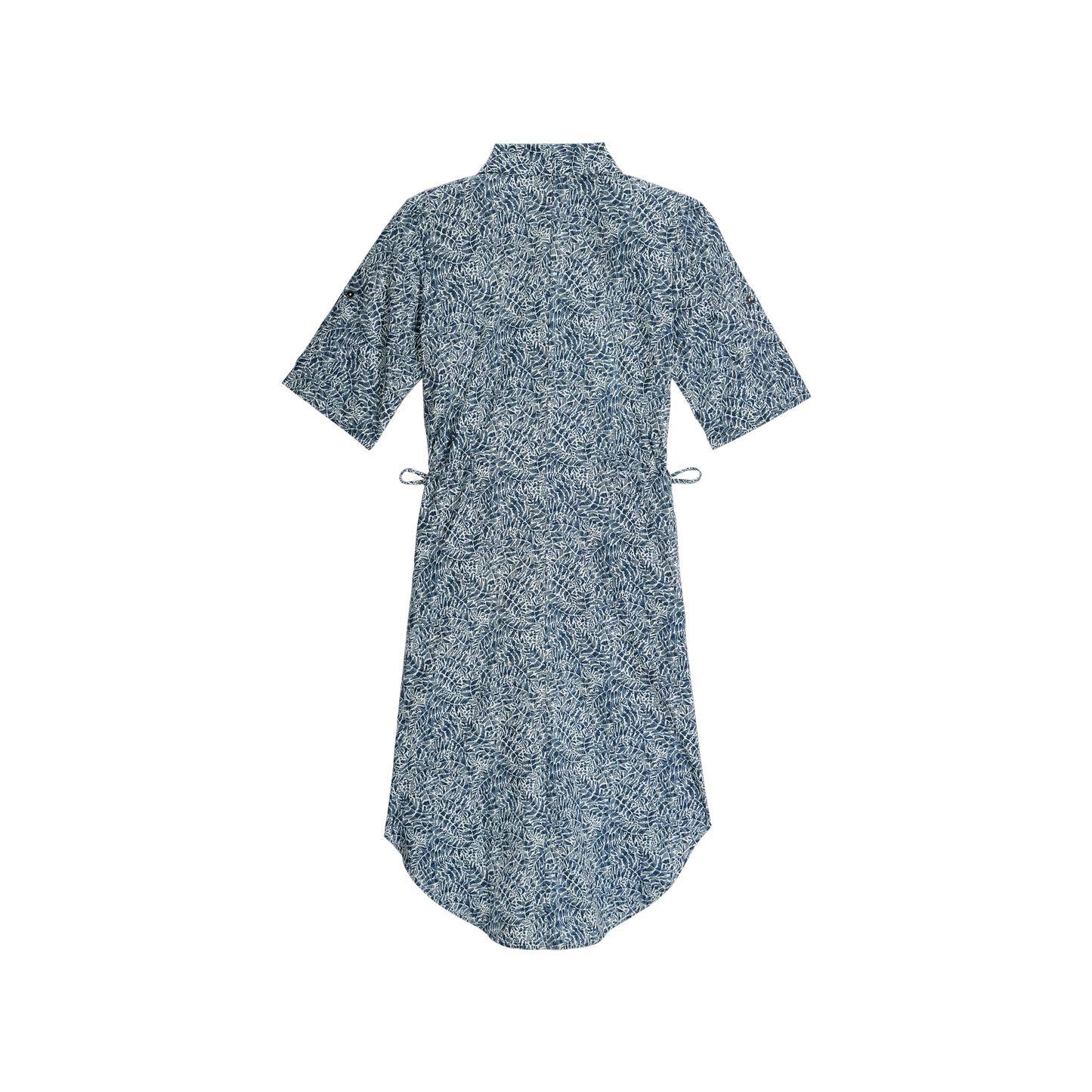 Royal Robbins Women's Spotless Traveller Dress Short Sleeve - deep blue briar print, leaf pattern, back view.