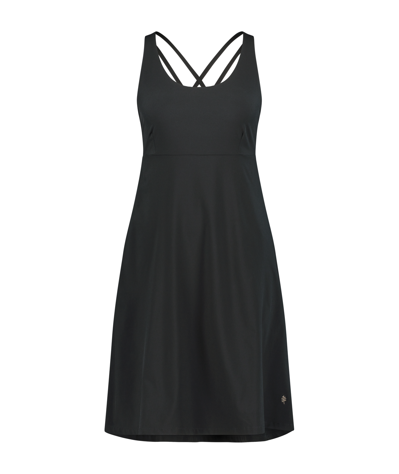 Adventure-ready, the Royal Robbins Women's Spotless Evolution Tank Dress in Jet Black, front view with back crisscross straps.