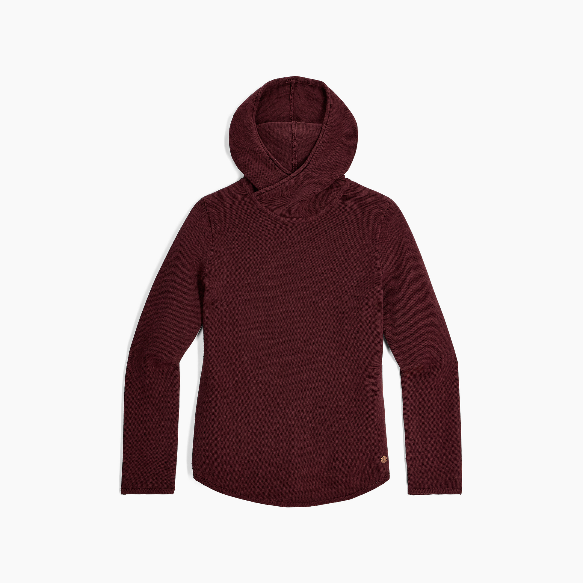 Royal Robbins Women's Headlands Hemp Hoodie in burgundy, long-sleeve, laid flat on a white background.