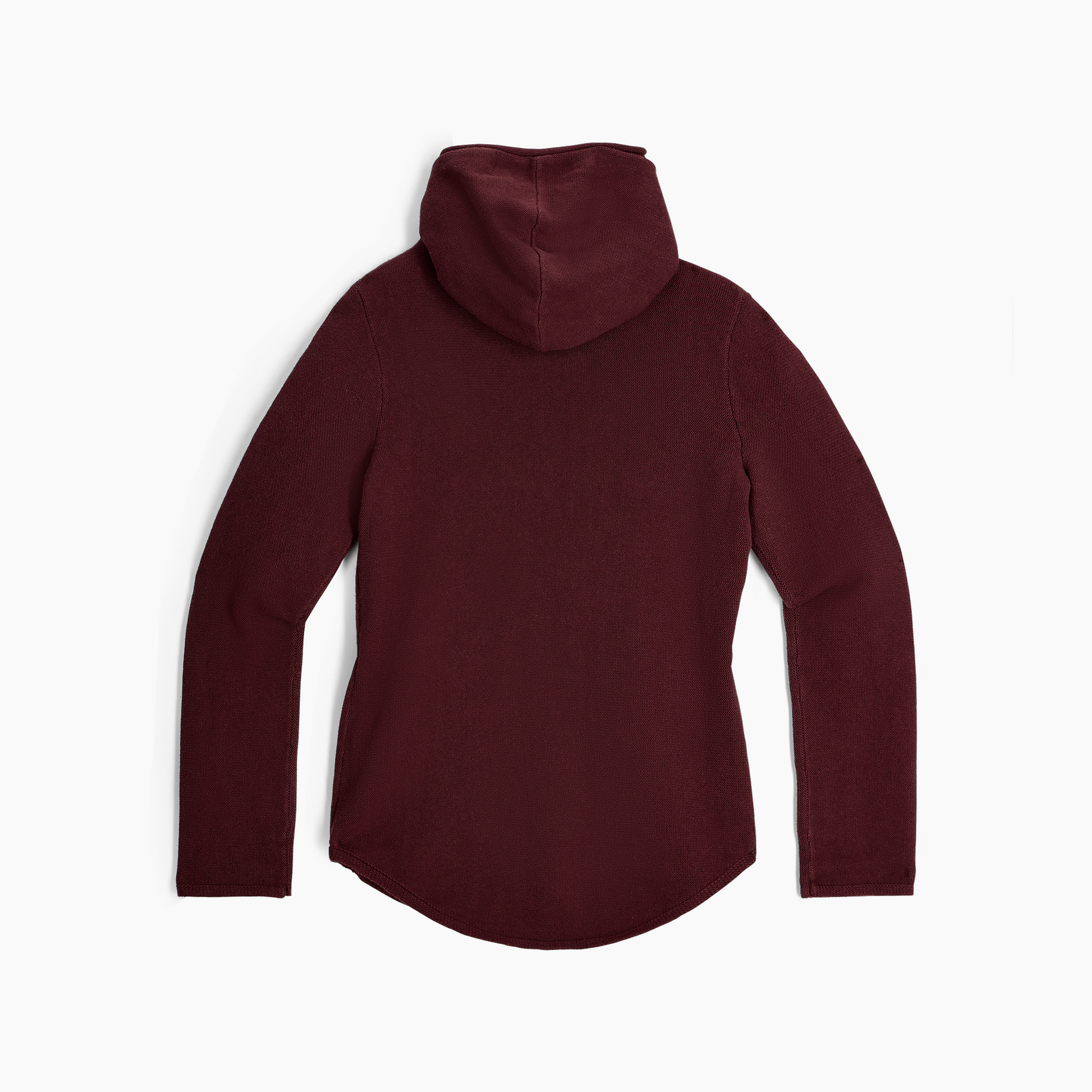 Royal Robbins Women's Headlands Hemp Hoodie in maroon, shown from the back on a white background.