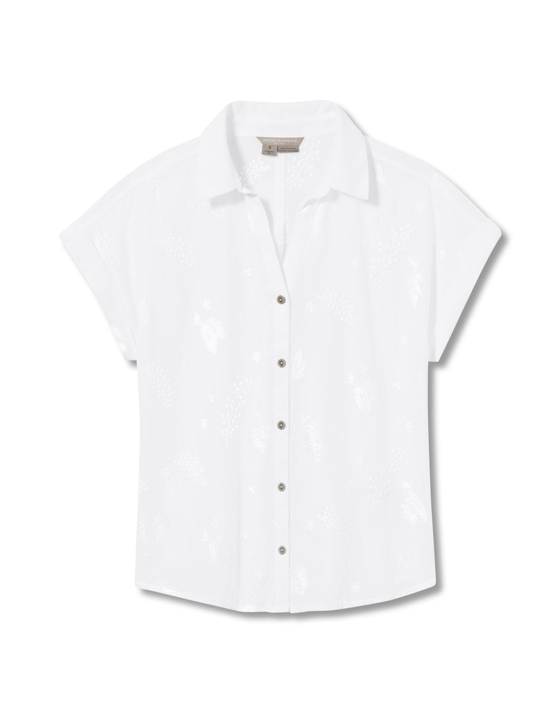 Royal Robbins Women's Oasis Short Sleeve: Lightweight button-up shirt with a subtle pattern and cuffed sleeves, white, front view.