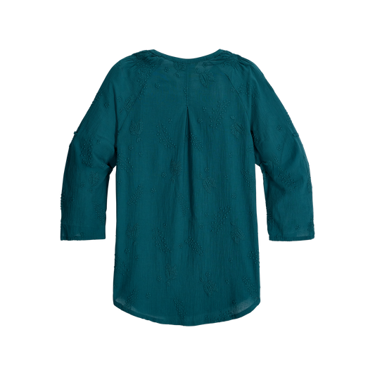 Product Image – Royal Robbins Women's Oasis Tunic II 3/4 Sleeve in teal, back view with subtle texture on white background.