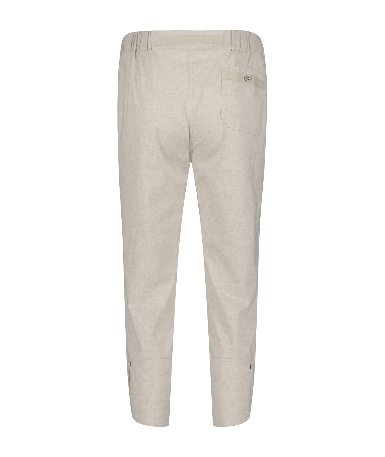 Back of Royal Robbins Hempline Capri in beige with elastic waist and back pocket.