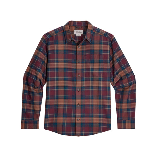 Product Image – Royal Robbins Men’s organic cotton flannel shirt—red, blue, brown plaid; soft, breathable long sleeve.
