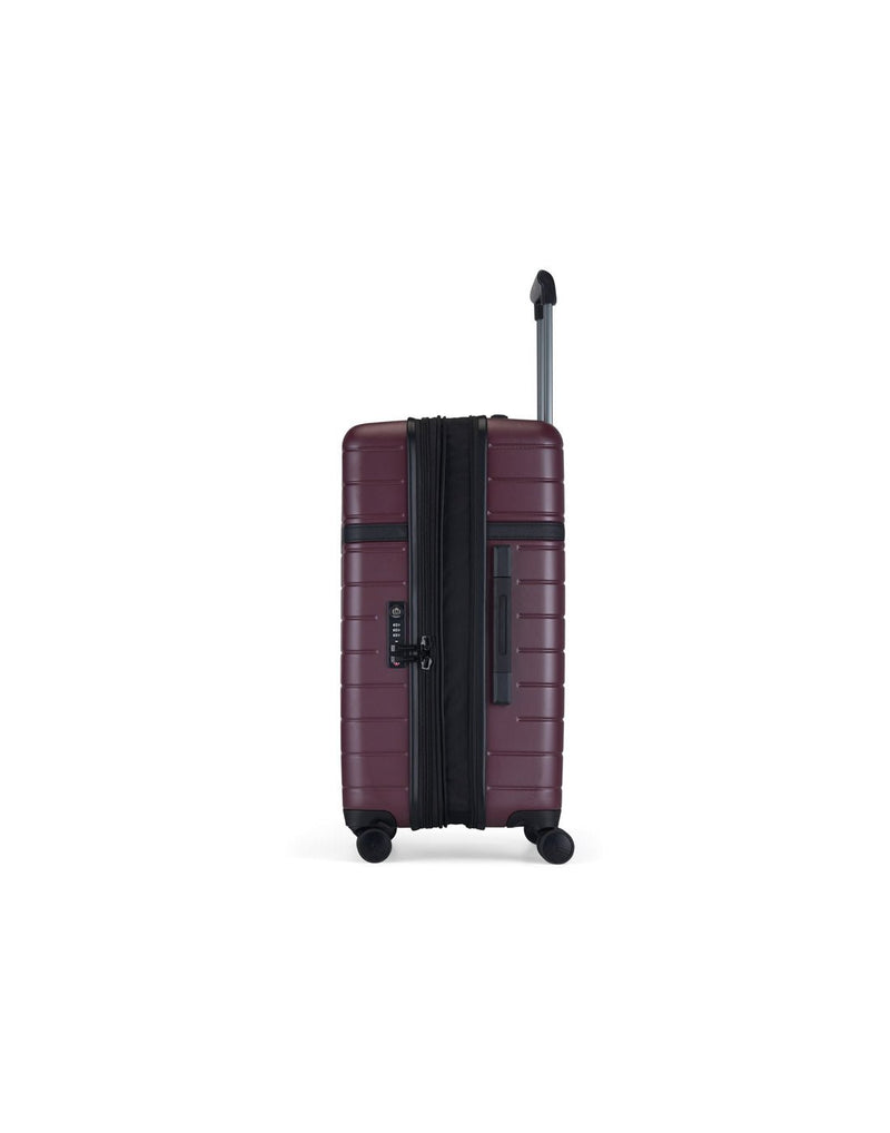 Bugatti Hamburg 24" Hardside Expandable Spinner in Red Lacquer, side view with zipper-release expansion system un-zipped.