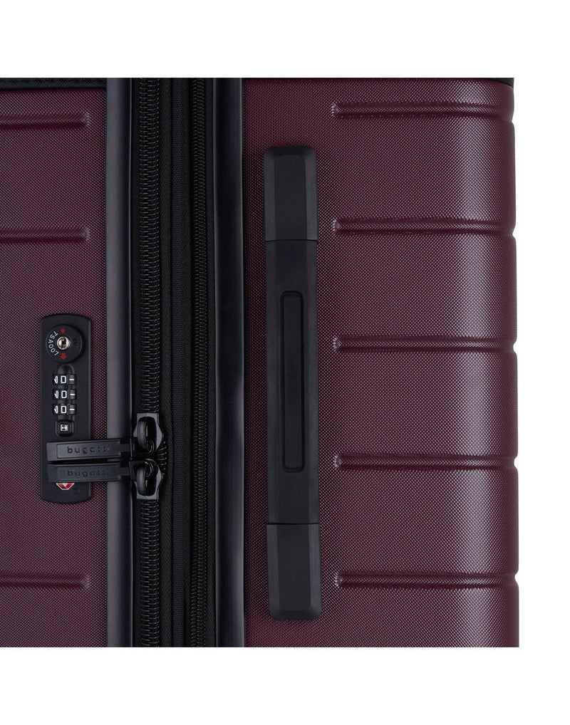 Bugatti Hamburg 28" Hardside Expandable Spinner in Red Lacquer colour, close-up view of the  integrated TSA zipper lock.