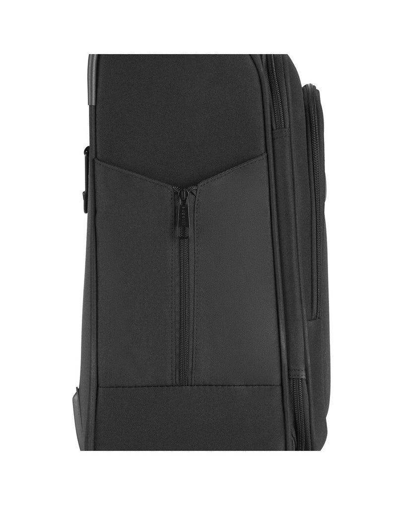 Bugatti Madison Ultimate Carry-on Spinner in black, close up of side zipper pocket.