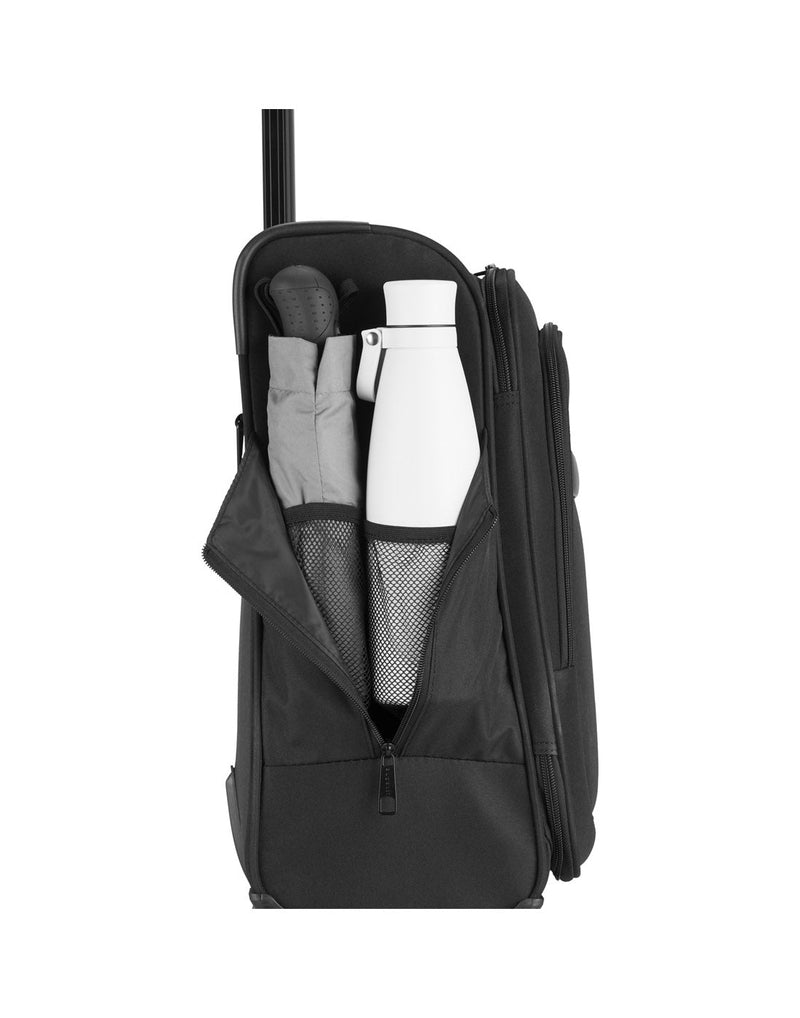 Bugatti Madison Ultimate Carry-on Spinner in black, with unzipped side pockets to show storage compartments.