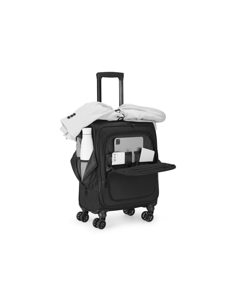 Bugatti Madison Ultimate Carry-on Spinner in black, exterior pockets unzipped and opened to show storage compartments.
