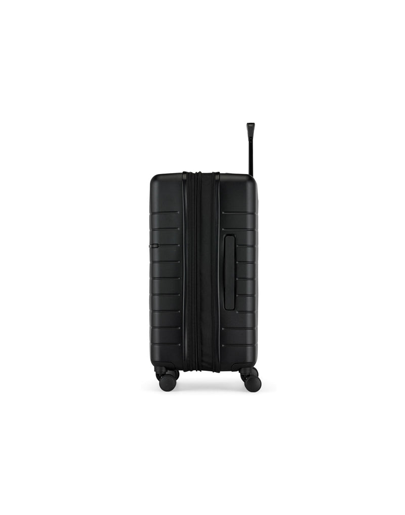 Bugatti Munich Hardside 28" Expandable Spinner in black, expanded side view.