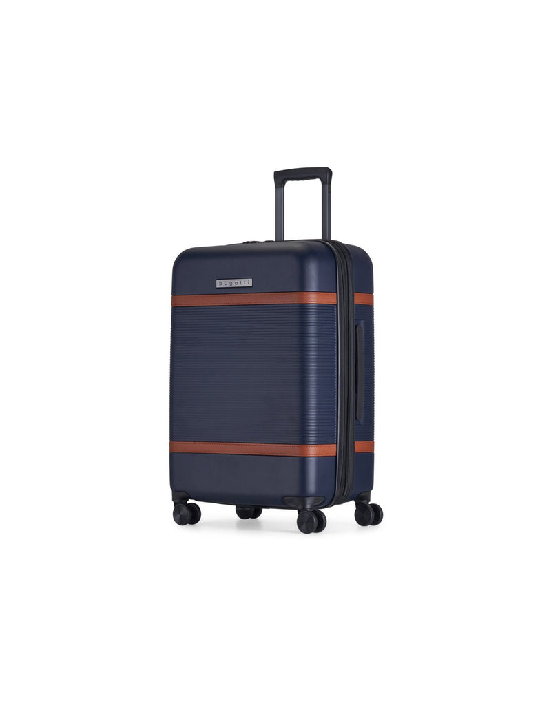 Bugatti Wellington Hardside 24" Expandable Spinner in Navy, angled side view.