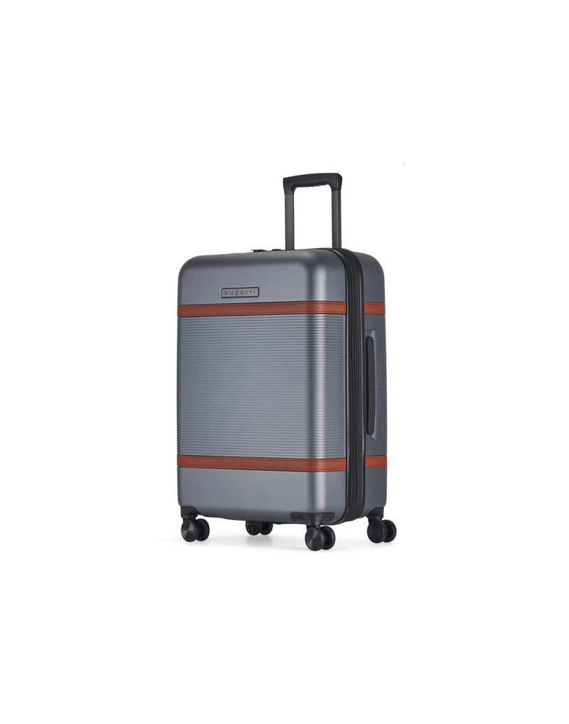 Bugatti Wellington Hardside 24" Expandable Spinner in Pewter colour, angled side view.