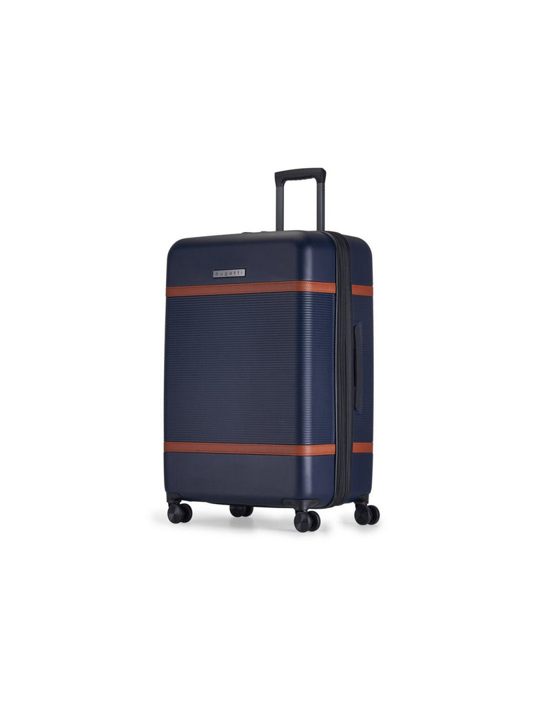 Bugatti Wellington Hardside 28" Expandable Spinner in Navy, angled side view.